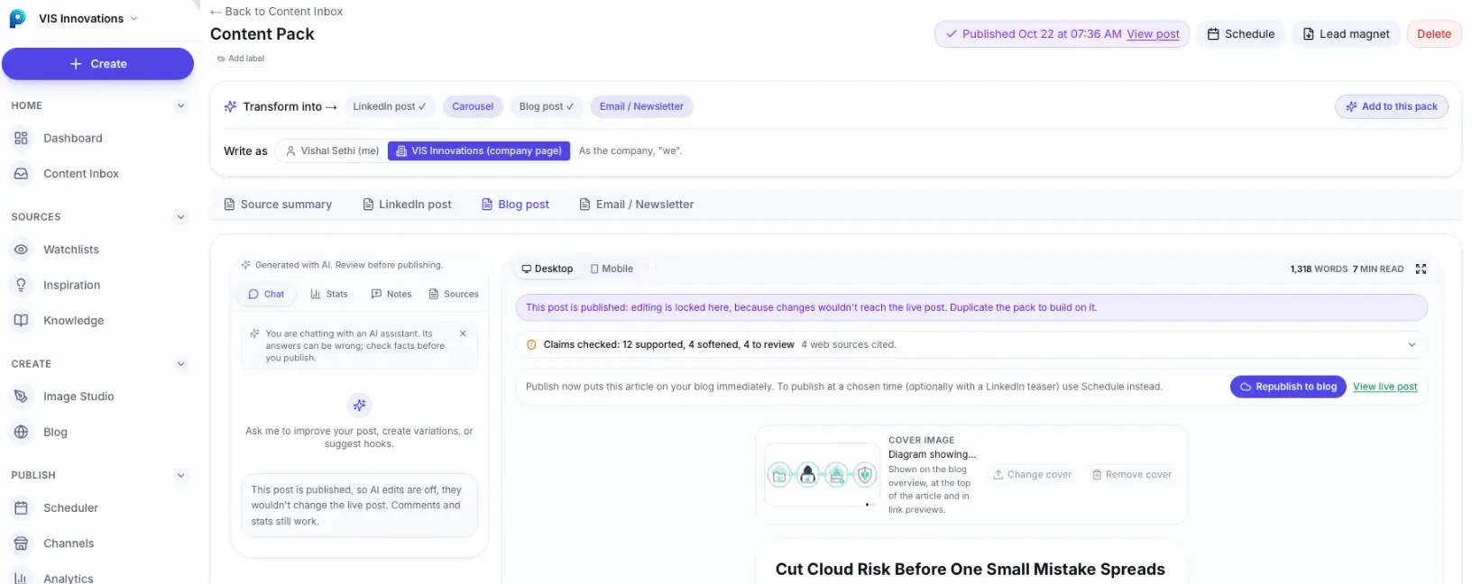 A content pack in Prozly: blog article, LinkedIn post and newsletter from one source, with Write as and the claim check
