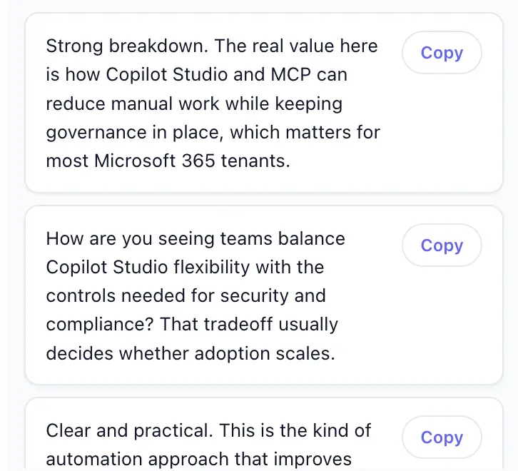 Prozly Chrome extension side panel with three comment drafts and a Copy button each