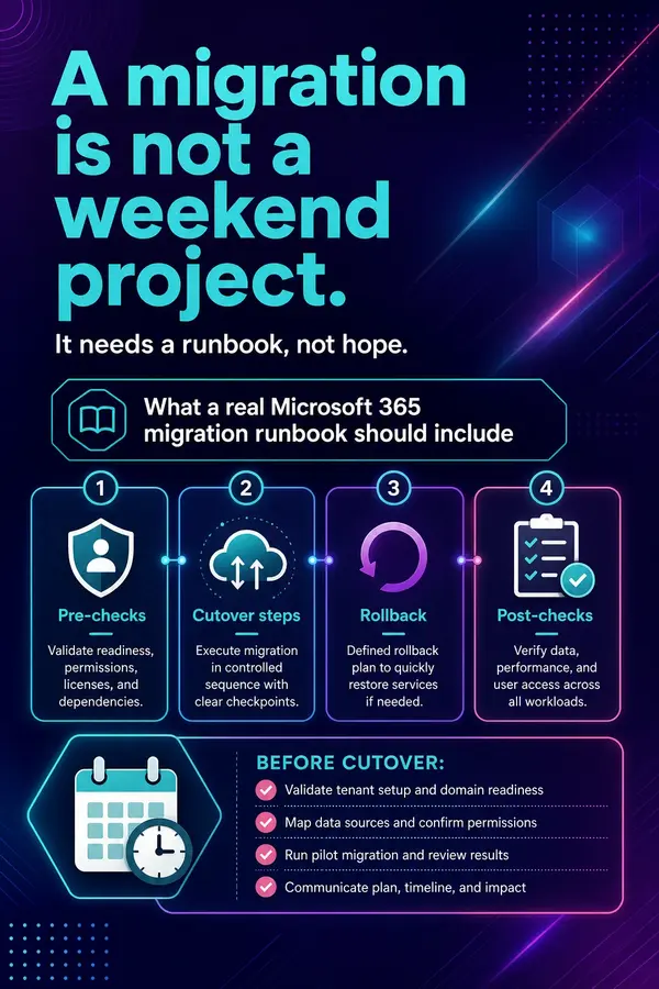 Infographic made from the same runbook: A migration is not a weekend project, with pre-checks, cutover, rollback and post-checks