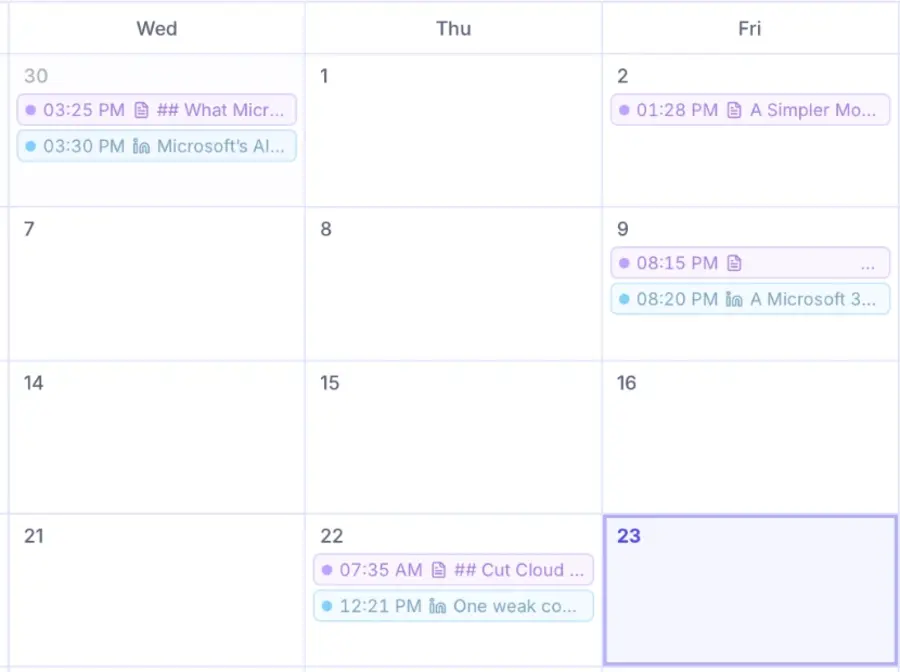 The Prozly scheduler in October: blog articles and LinkedIn posts on their days
