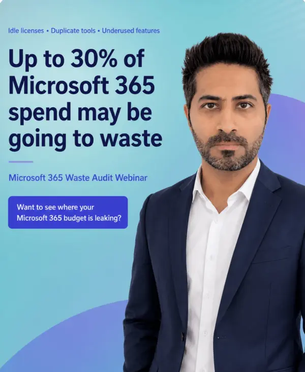 Webinar visual with the founder in a suit: Up to 30% of Microsoft 365 spend may be going to waste